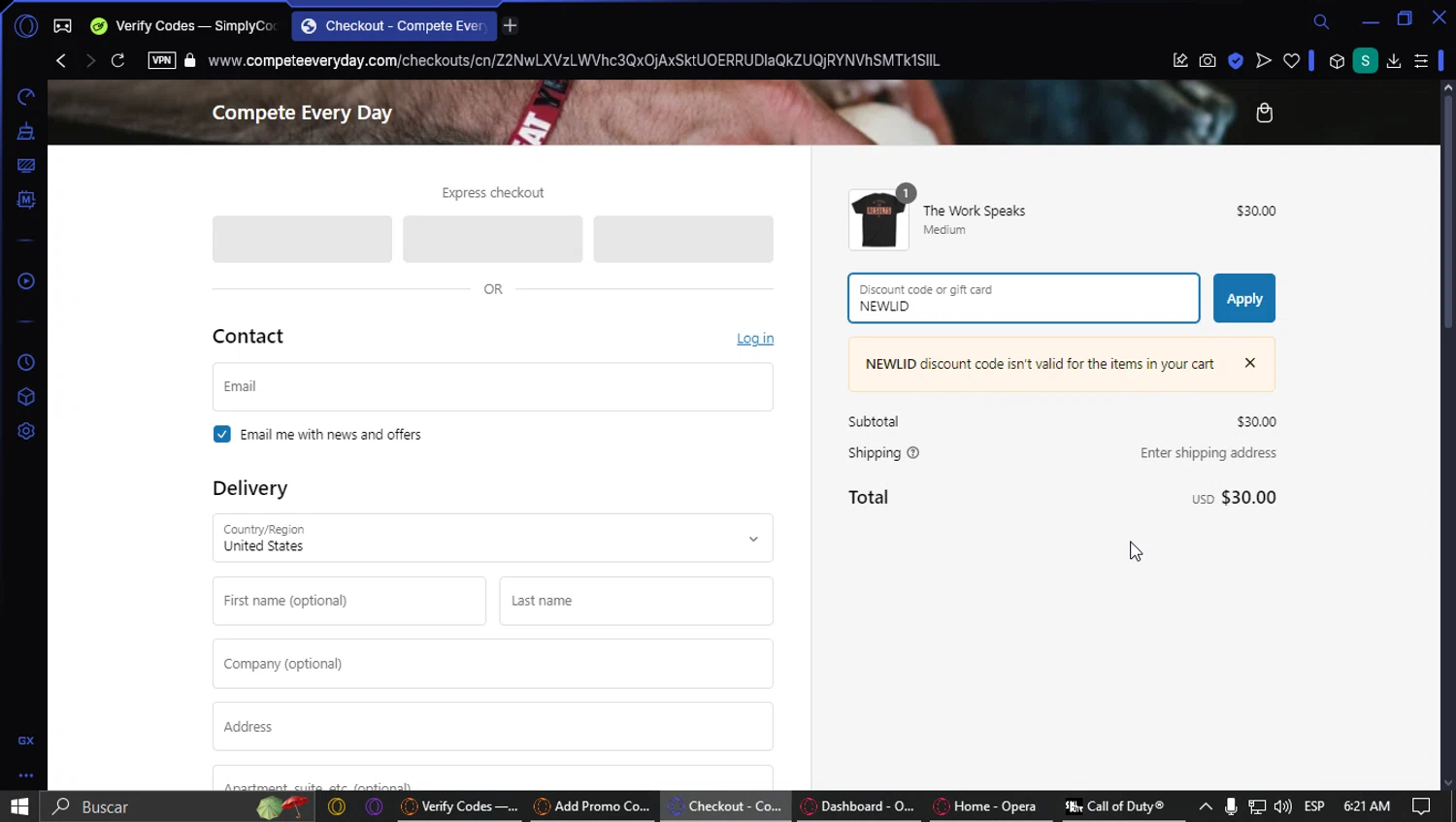 Compete Every Day promo code screenshot showing code NEWLID applied at Compete Every Day checkout page. Uploaded by SimplyCodes community member PennyFox1280 on Feb 11, 2025