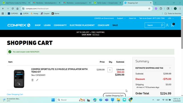 Compex checkout page showing Compex promo code box | Screenshot taken by SimplyCodes community member on Aug 21, 2025