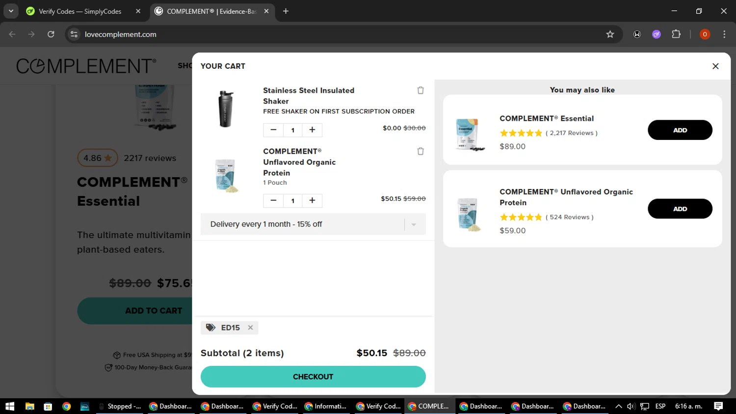 Complement discount code screenshot showing code ED15 applied at Complement checkout page. Uploaded by SimplyCodes community member CleverSpotter3730 on Aug 11, 2025