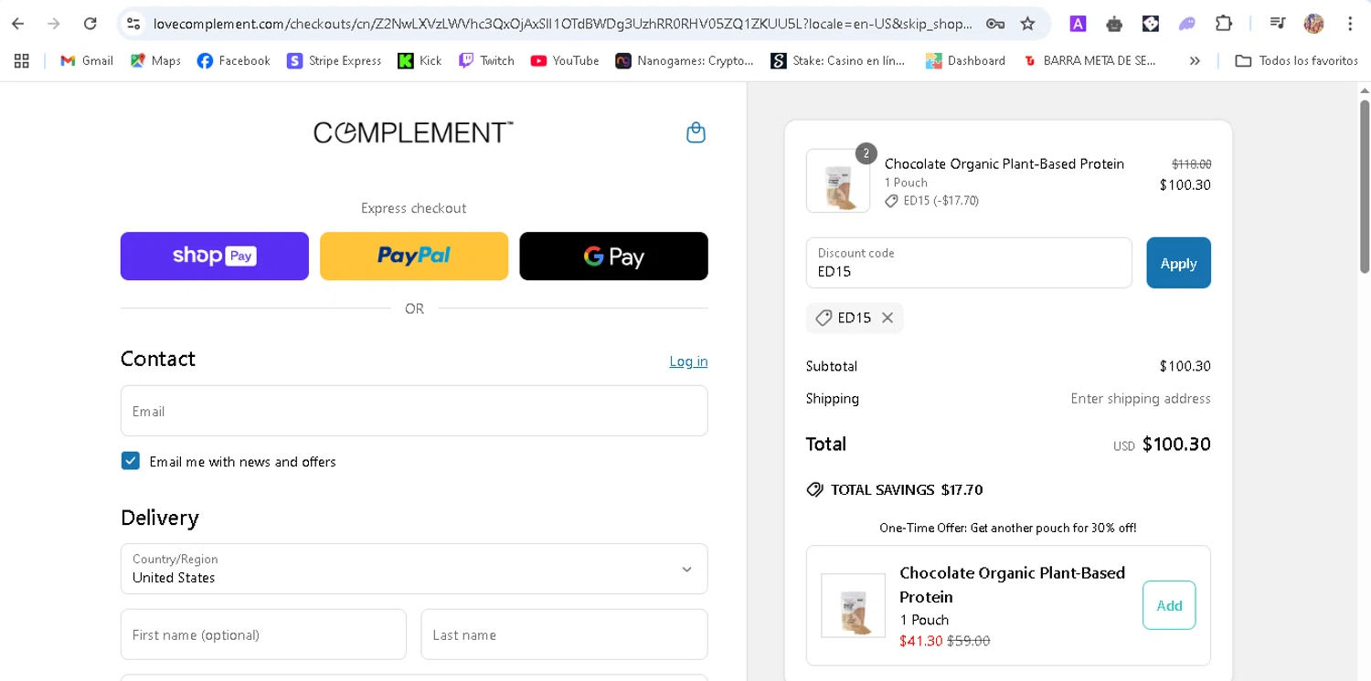 Complement discount code screenshot showing code ED15 applied at Complement checkout page. Uploaded by SimplyCodes community member ronaldhernandez on Apr 6, 2025