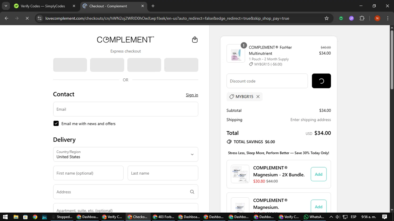 Complement discount code screenshot showing code MYBGR15 applied at Complement checkout page. Uploaded by SimplyCodes community member MagnificentScout194 on Sep 10, 2025