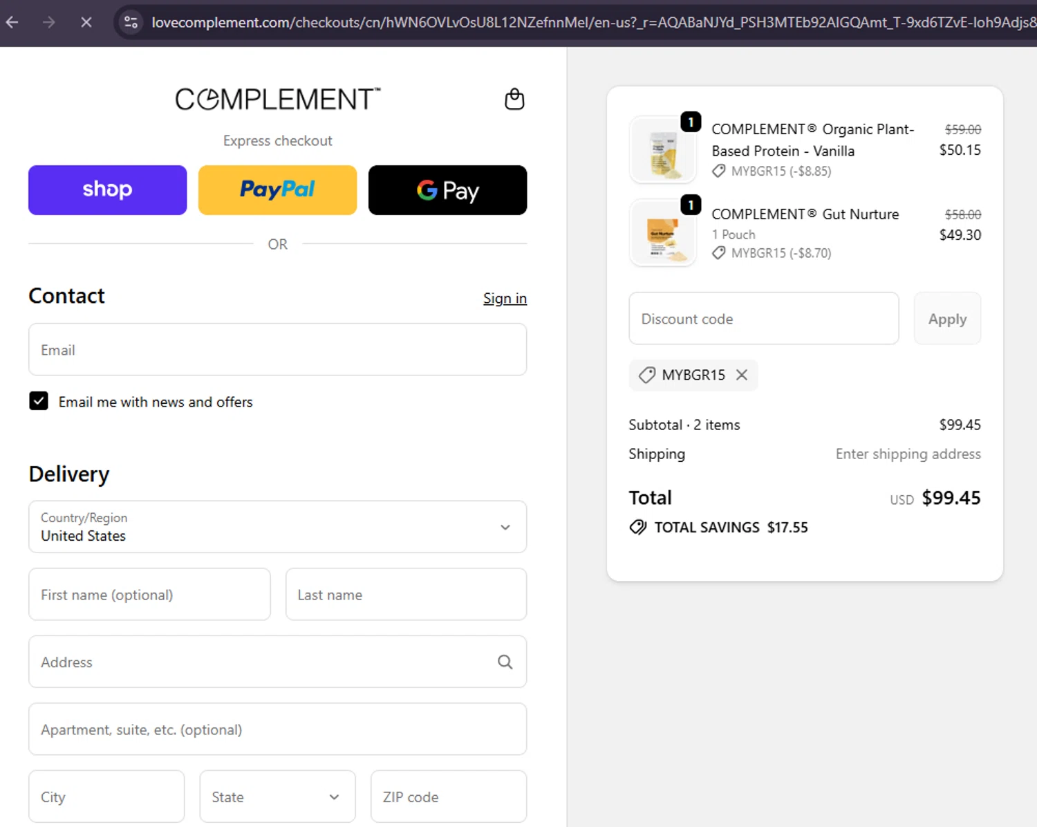 Complement discount code screenshot showing code MYBGR15 applied at Complement checkout page. Uploaded by SimplyCodes community member MoneySage8222 on Dec 13, 2025