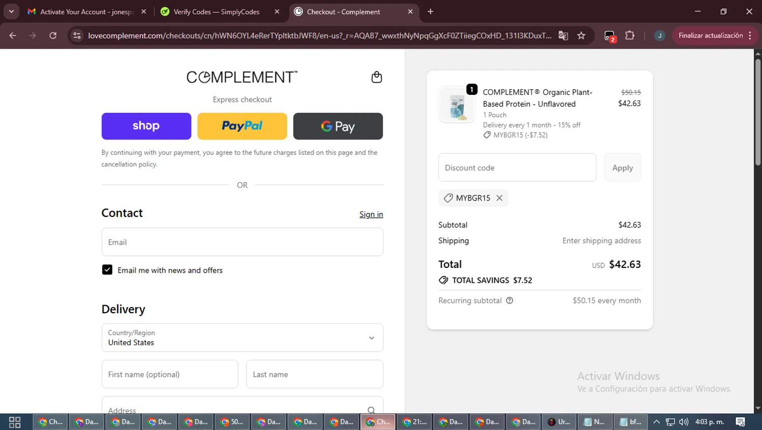 Complement discount code screenshot showing code MYBGR15 applied at Complement checkout page. Uploaded by SimplyCodes community member ScanLynx8928 on Dec 13, 2025