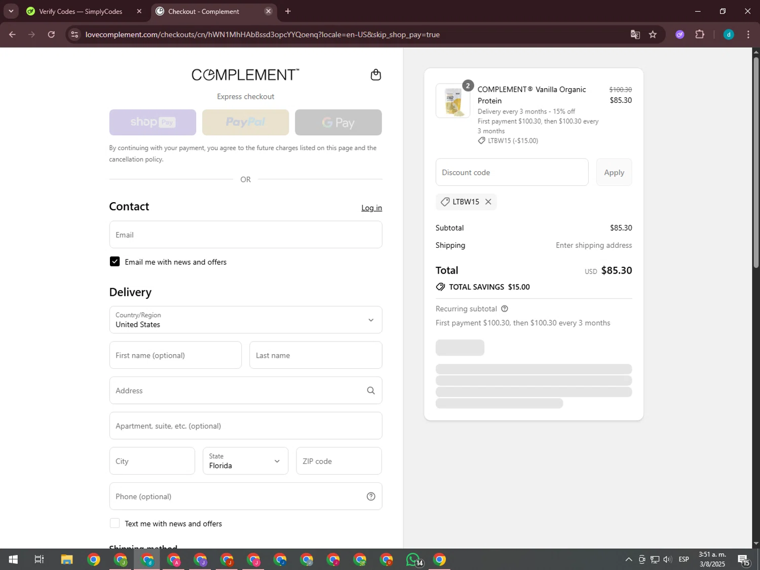 Complement discount code screenshot showing code LTBW15 applied at Complement checkout page. Uploaded by SimplyCodes community member GloriousTiger3507 on Aug 3, 2025