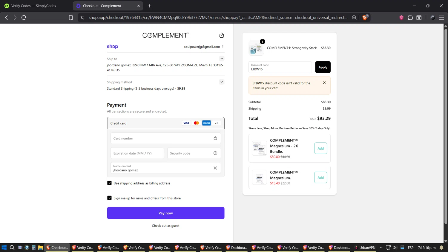 Complement discount code screenshot showing code LTBW15 applied at Complement checkout page. Uploaded by SimplyCodes community member SimplyGOAT on Oct 16, 2025