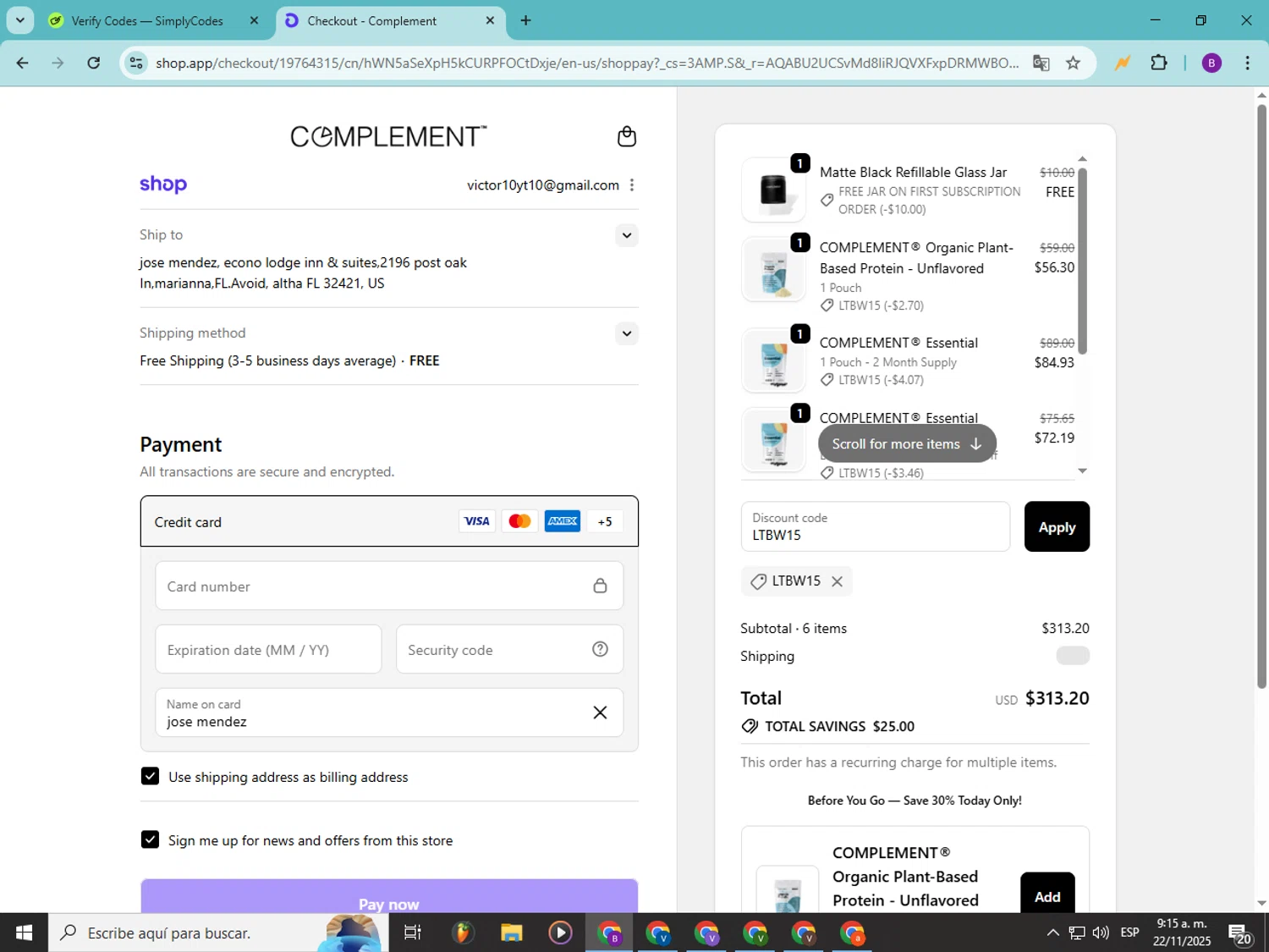 Complement discount code screenshot showing code LTBW15 applied at Complement checkout page. Uploaded by SimplyCodes community member Soyvictor on Nov 22, 2025