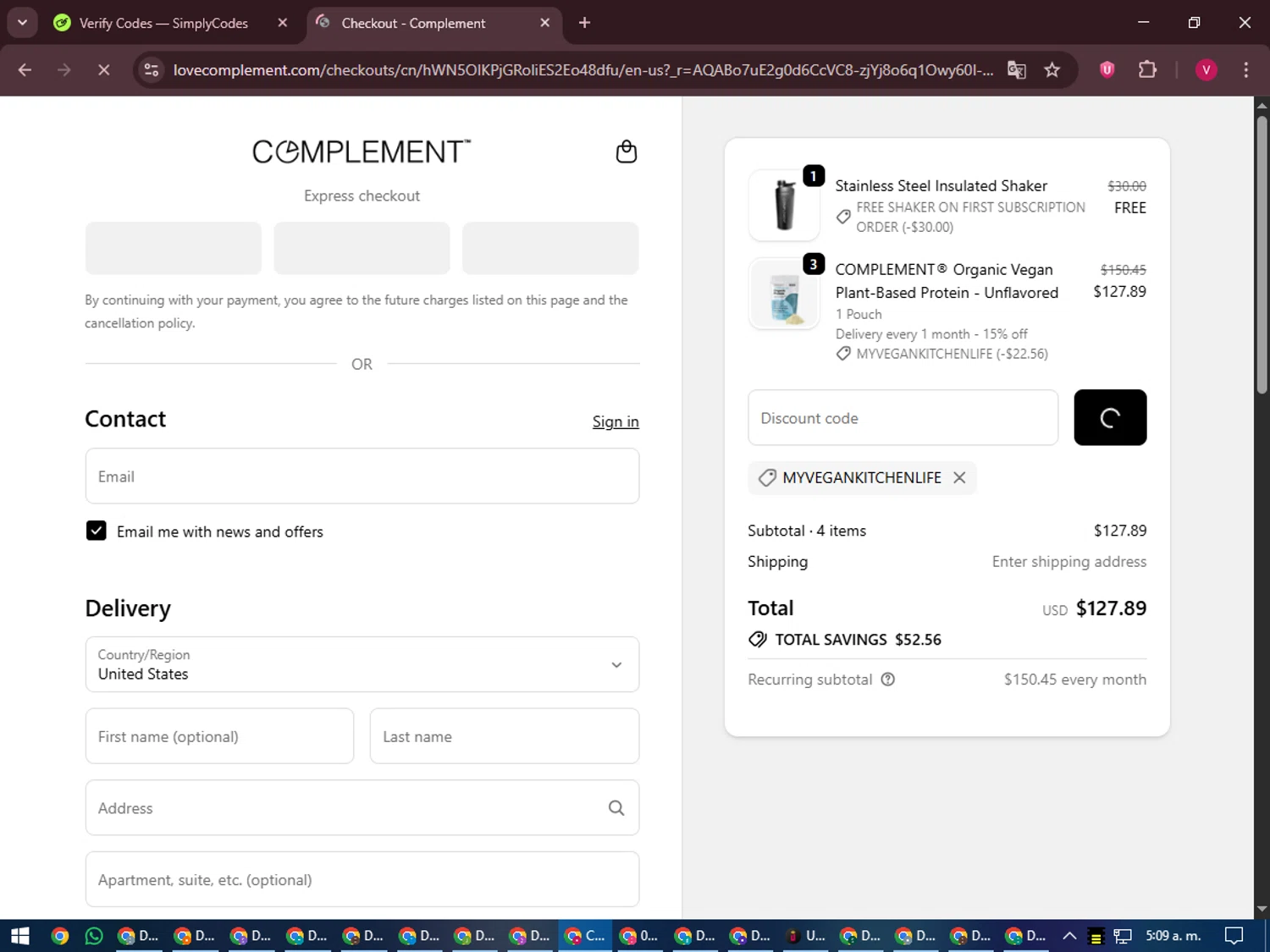 Complement discount code screenshot showing code MYVEGANKITCHENLIFE applied at Complement checkout page. Uploaded by SimplyCodes community member ShieldEagle6102 on Nov 17, 2025