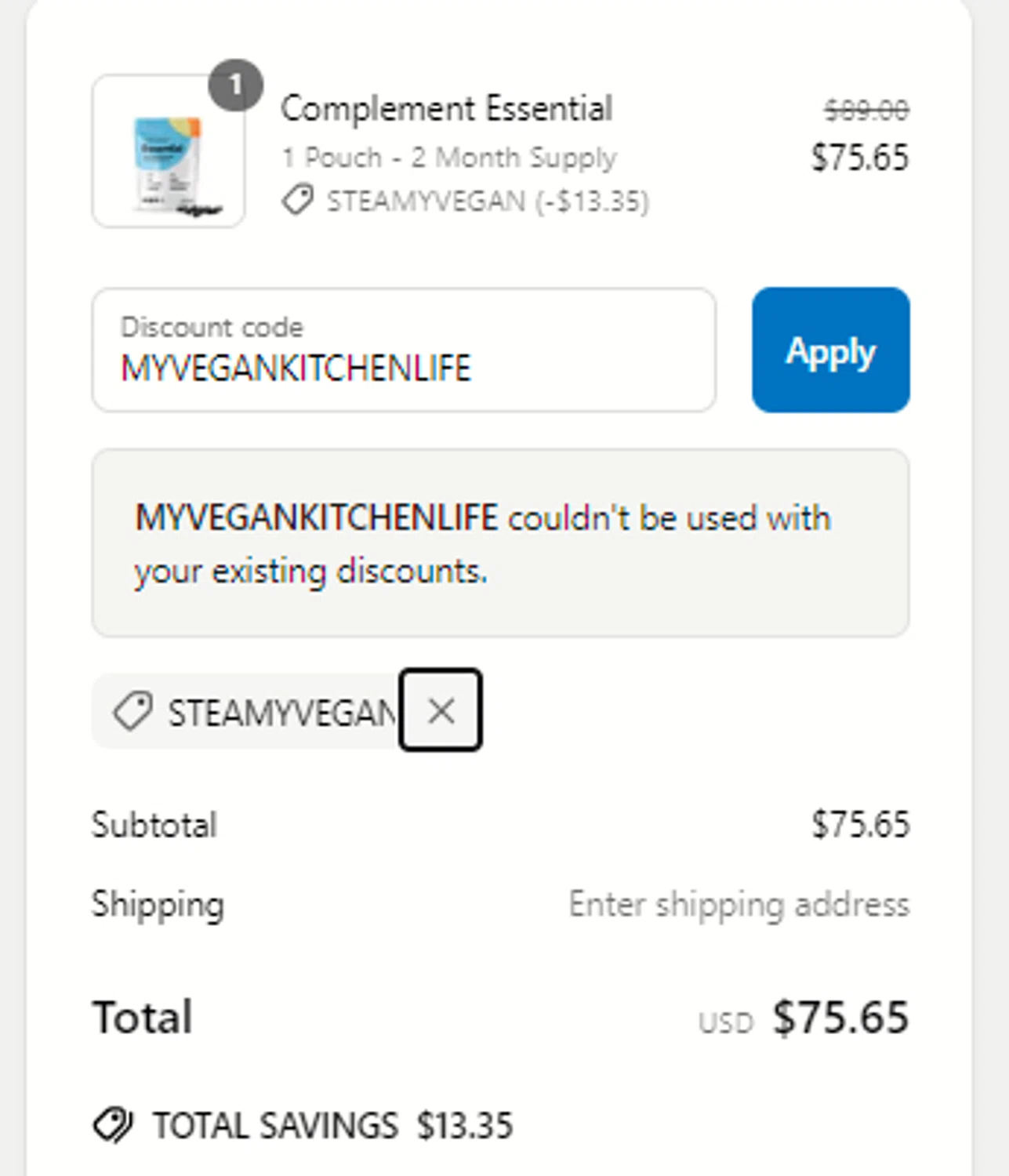 Complement discount code screenshot showing code MYVEGANKITCHENLIFE applied at Complement checkout page. Uploaded by SimplyCodes community member usercode123 on Mar 28, 2025