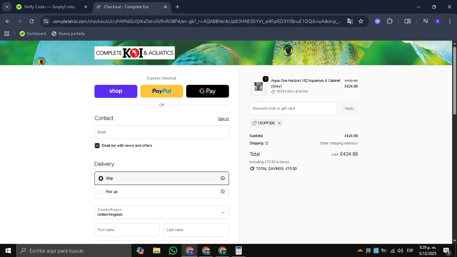 Complete Koi promo code screenshot showing code 15OFF300 applied at Complete Koi checkout page. Uploaded by SimplyCodes community member Mykeusername on Dec 5, 2025