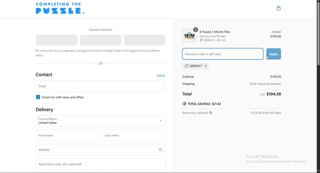 Completing the Puzzle checkout page showing Completing the Puzzle discount code box | Screenshot taken by SimplyCodes community member on Apr 16, 2025