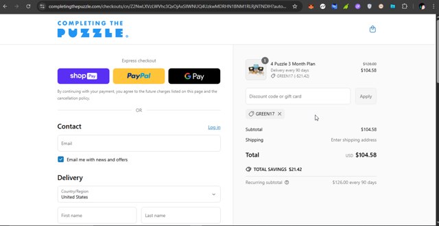 Completing the Puzzle checkout page showing Completing the Puzzle discount code box | Screenshot taken by SimplyCodes community member on Jun 28, 2025