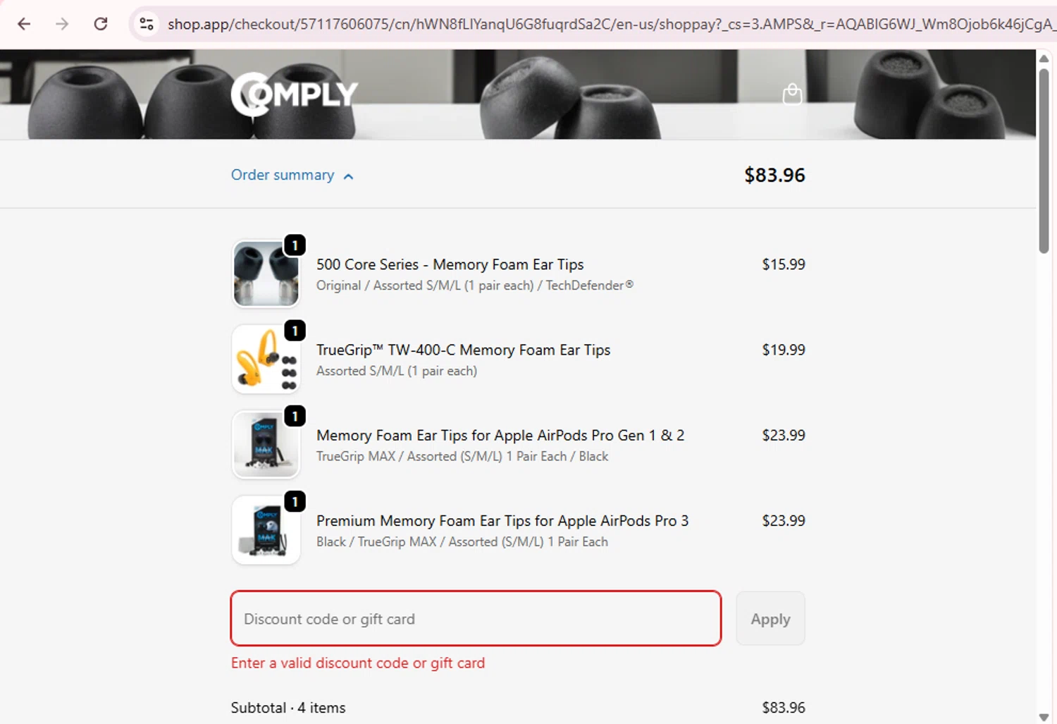 Comply Foam promo code screenshot showing code TIPS15 applied at Comply Foam checkout page. Uploaded by SimplyCodes community member PromoExpert5262 on Feb 11, 2026