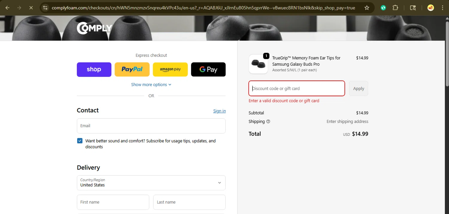 Comply Foam promo code screenshot showing code TIPS15 applied at Comply Foam checkout page. Uploaded by SimplyCodes community member giselmarstephanny on Nov 27, 2025