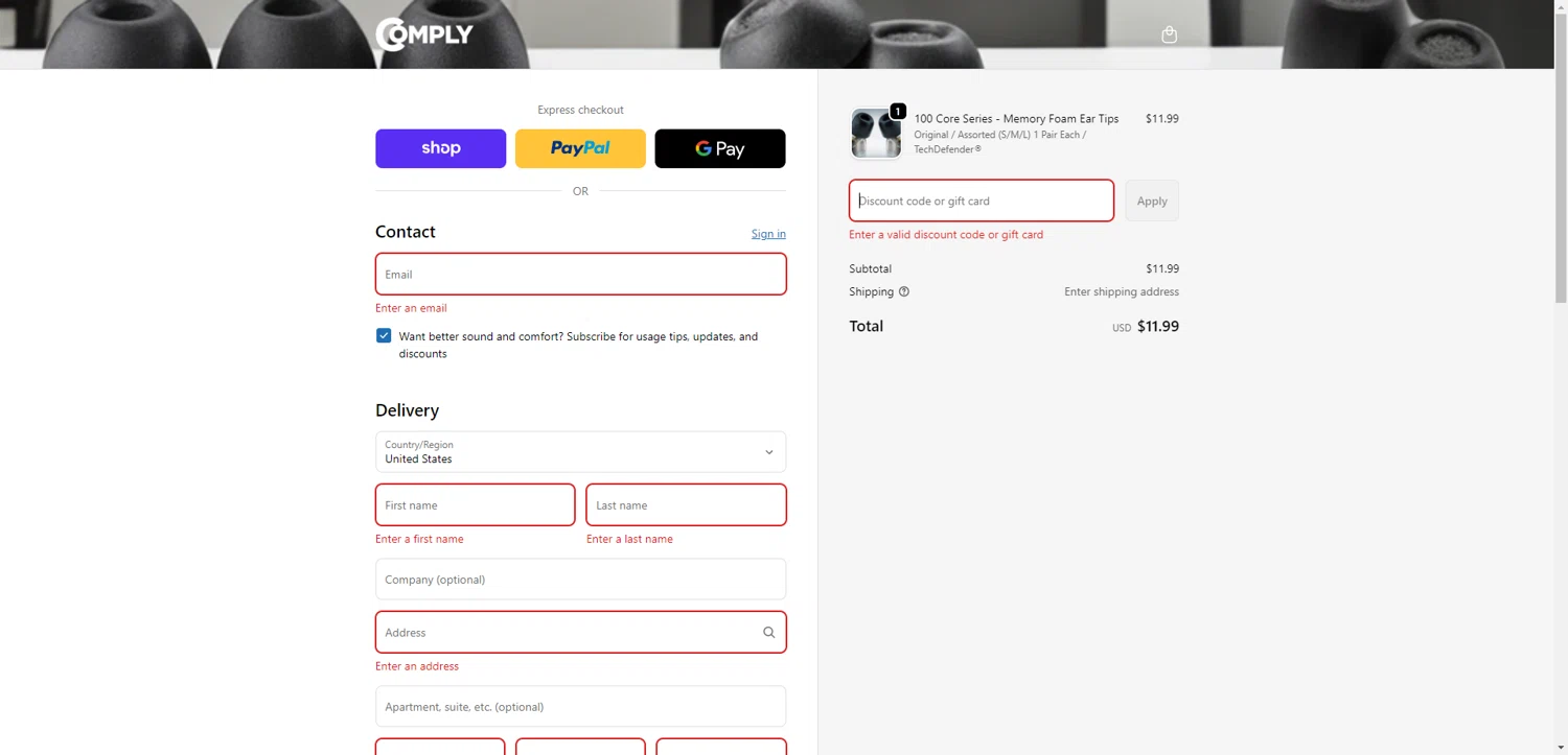 Comply Foam promo code screenshot showing code HELLO15 applied at Comply Foam checkout page. Uploaded by SimplyCodes community member CrownTiger6508 on Nov 27, 2025