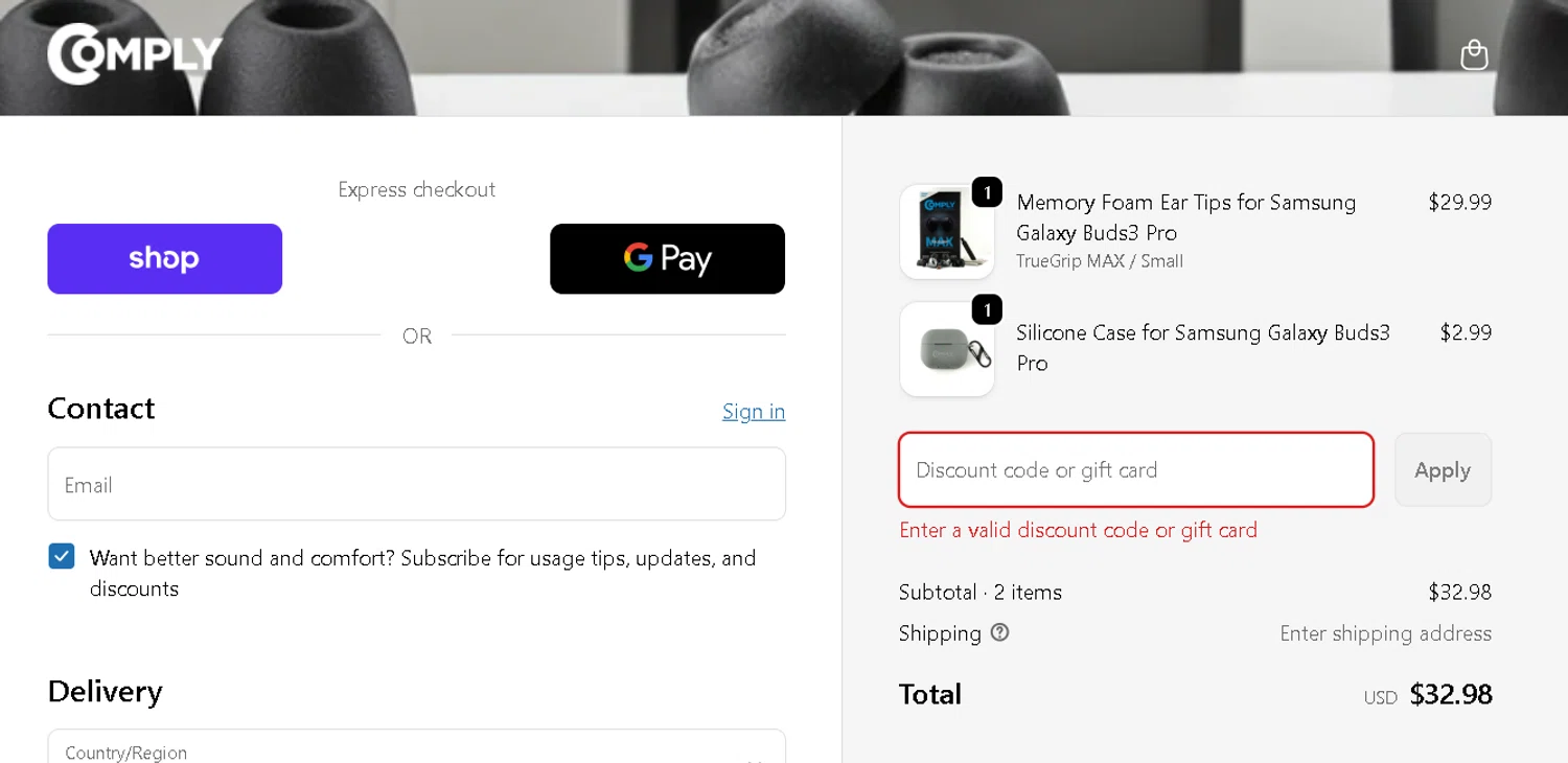 Comply Foam promo code screenshot showing code LOUDNWIRELESS15 applied at Comply Foam checkout page. Uploaded by SimplyCodes community member BargainPhoenix231 on Nov 17, 2025