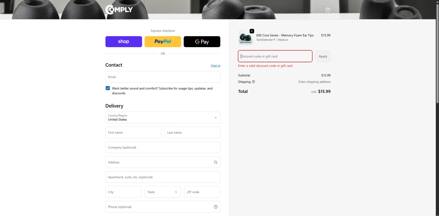 Comply Foam promo code screenshot showing code LOUDNWIRELESS15 applied at Comply Foam checkout page. Uploaded by SimplyCodes community member GoldMonarch2173 on Feb 12, 2026