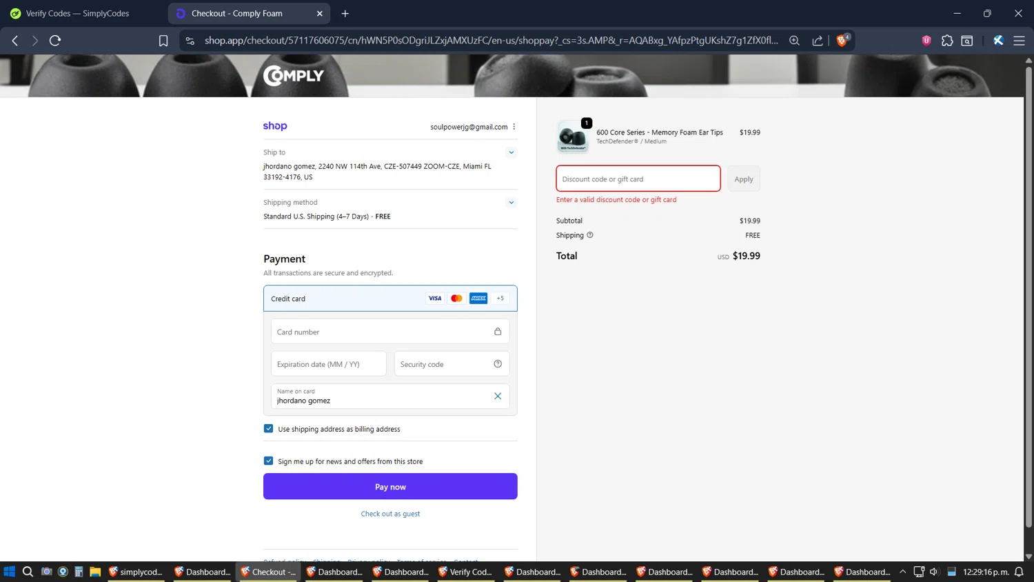 Comply Foam promo code screenshot showing code LOUDNWIRELESS15 applied at Comply Foam checkout page. Uploaded by SimplyCodes community member Jgomez on Nov 17, 2025