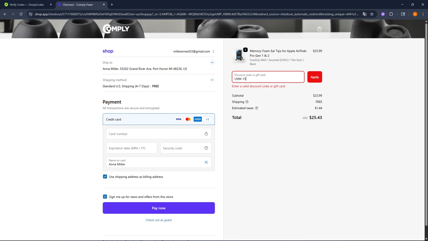 Comply Foam promo code screenshot showing code LNW-15 applied at Comply Foam checkout page. Uploaded by SimplyCodes community member FrugalFalcon351 on Feb 14, 2026