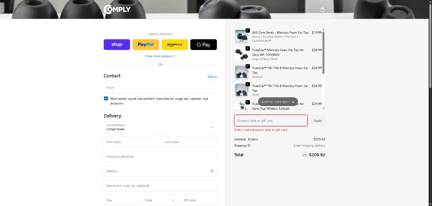 Comply Foam promo code screenshot showing code LNW-15 applied at Comply Foam checkout page. Uploaded by SimplyCodes community member PromoElite4745 on Jan 25, 2026
