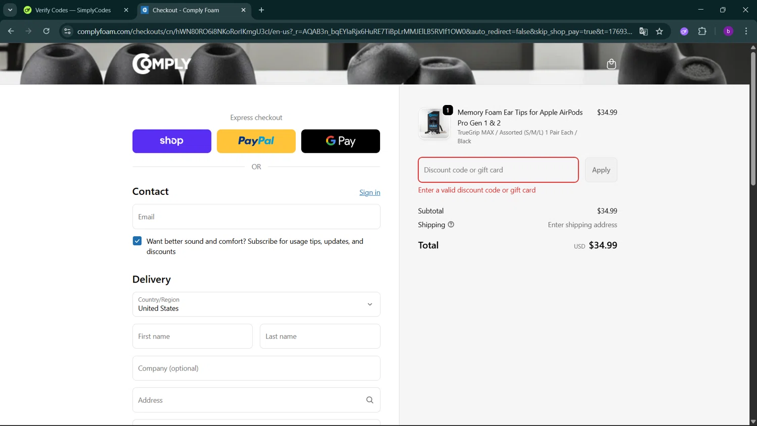 Comply Foam promo code screenshot showing code LNW-15 applied at Comply Foam checkout page. Uploaded by SimplyCodes community member RoyalSleuth2430 on Jan 25, 2026