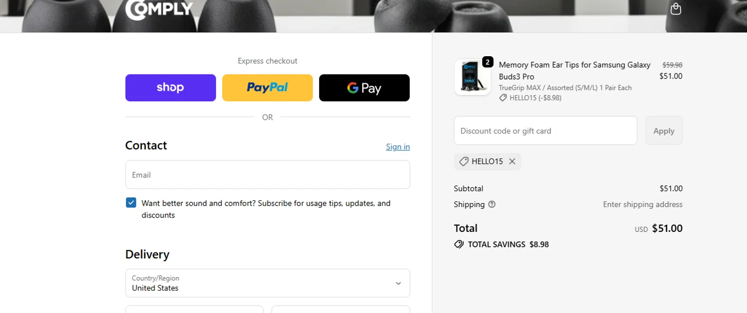 Comply Foam promo code screenshot showing code hello15 applied at Comply Foam checkout page. Uploaded by SimplyCodes community member ashe1986 on Nov 25, 2025