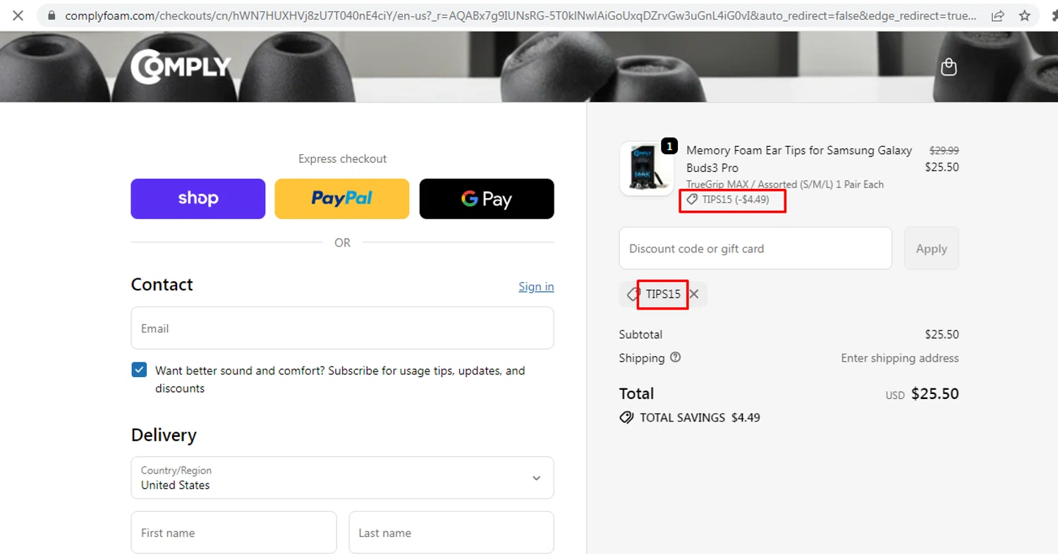 Comply Foam promo code screenshot showing code TIPS15 applied at Comply Foam checkout page. Uploaded by SimplyCodes community member nileskamarcano on Jan 6, 2026
