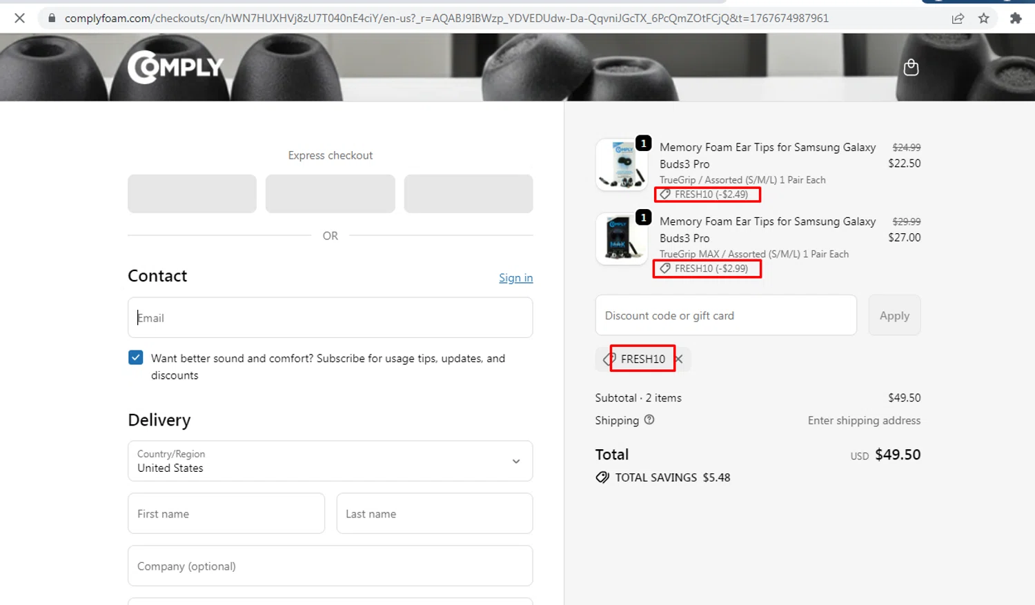 Comply Foam promo code screenshot showing code FRESH10 applied at Comply Foam checkout page. Uploaded by SimplyCodes community member nileskamarcano on Jan 6, 2026