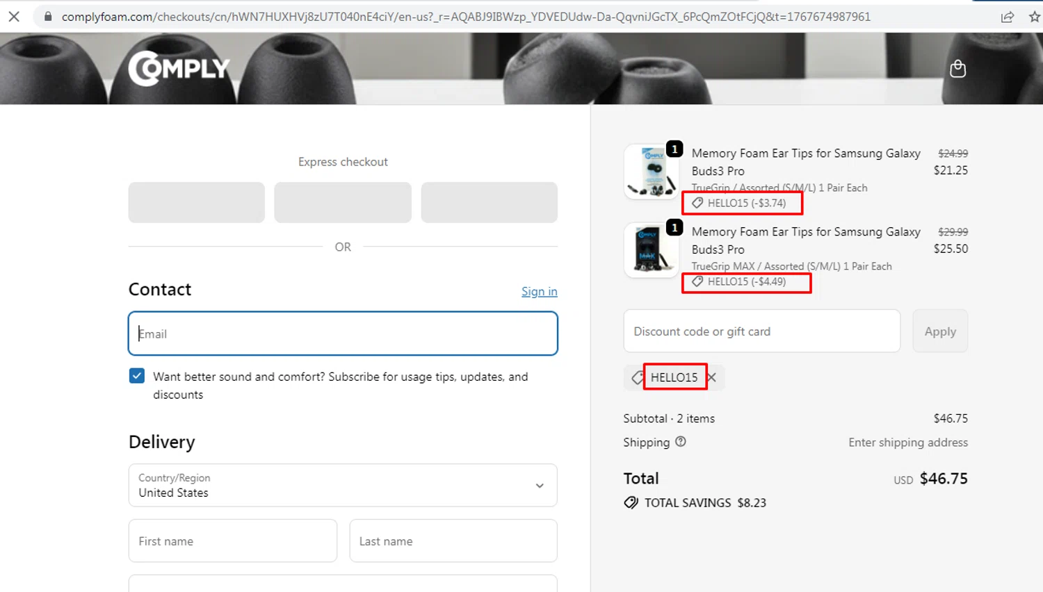 Comply Foam promo code screenshot showing code HELLO15 applied at Comply Foam checkout page. Uploaded by SimplyCodes community member nileskamarcano on Jan 6, 2026