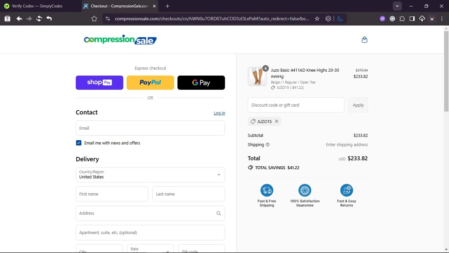 CompressionSale.com promo code screenshot showing code juzo15 applied at CompressionSale.com checkout page. Uploaded by SimplyCodes community member Userr2 on Jul 22, 2025