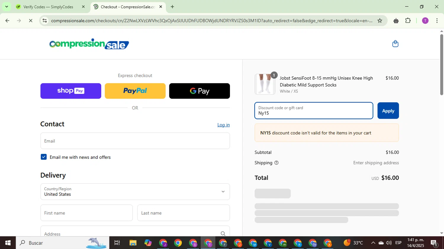CompressionSale.com promo code screenshot showing code Ny15 applied at CompressionSale.com checkout page. Uploaded by SimplyCodes community member ThriftyCurator4085 on Apr 14, 2025
