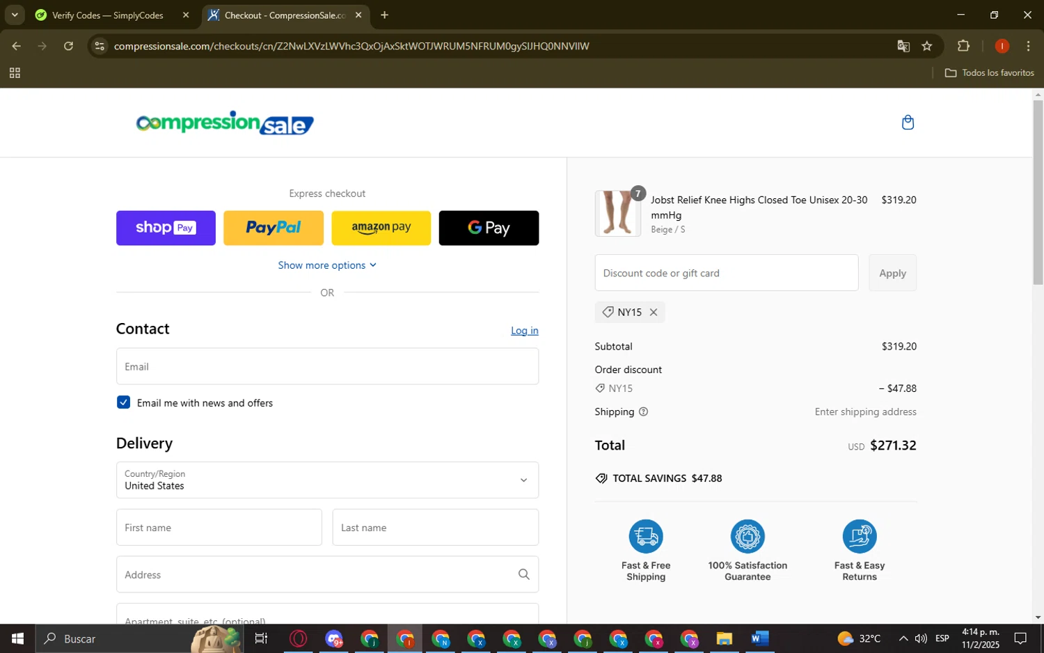 CompressionSale.com promo code screenshot showing code Ny15 applied at CompressionSale.com checkout page. Uploaded by SimplyCodes community member CouponAce3224 on Feb 11, 2025