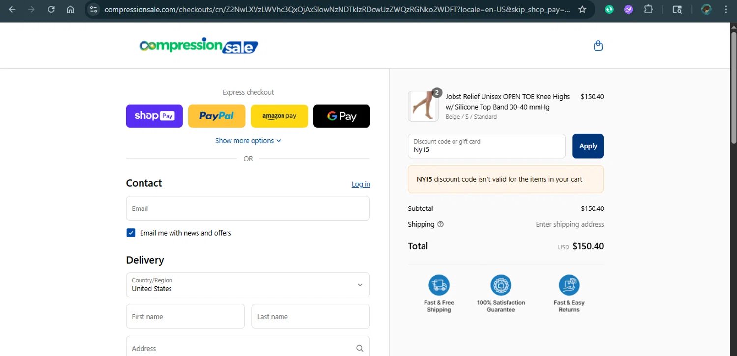 CompressionSale.com promo code screenshot showing code Ny15 applied at CompressionSale.com checkout page. Uploaded by SimplyCodes community member xAngel on Jul 22, 2025