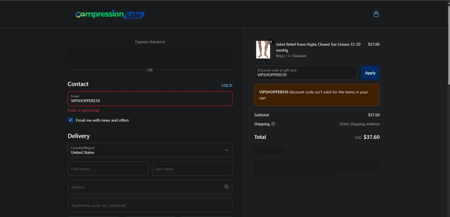 CompressionSale.com promo code screenshot showing code VIPSHOPPERS10 applied at CompressionSale.com checkout page. Uploaded by SimplyCodes community member Nor_man on Jun 2, 2025