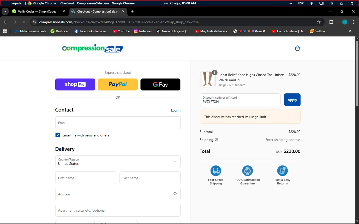 CompressionSale.com promo code screenshot showing code PVZLF7XN applied at CompressionSale.com checkout page. Uploaded by SimplyCodes community member ELROJO on Aug 25, 2025