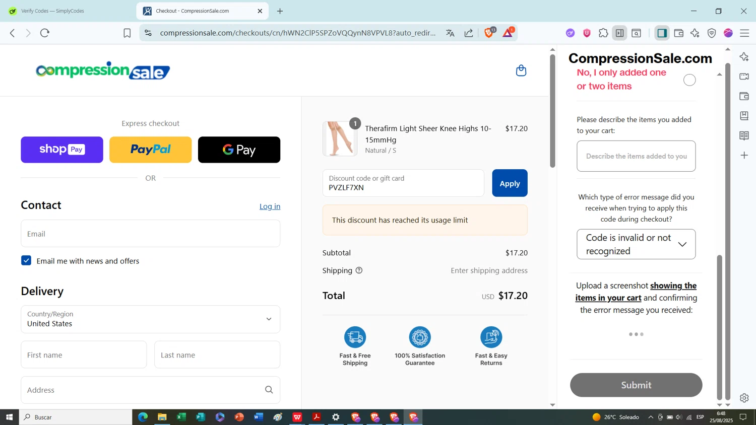 CompressionSale.com promo code screenshot showing code PVZLF7XN applied at CompressionSale.com checkout page. Uploaded by SimplyCodes community member MightyMaestro2589 on Aug 25, 2025