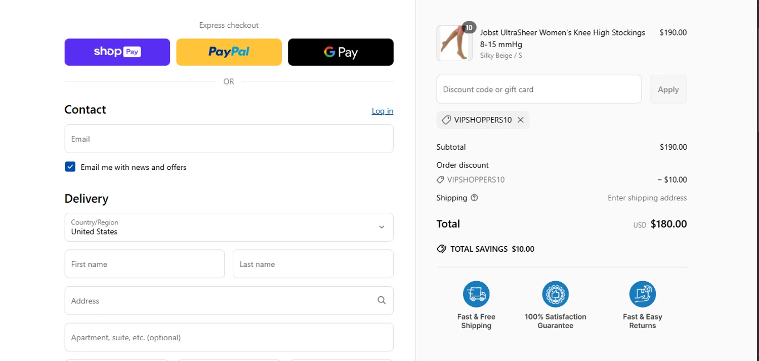 CompressionSale.com promo code screenshot showing code VIPSHOPPERS10 applied at CompressionSale.com checkout page. Uploaded by SimplyCodes community member juanisaac on May 3, 2025