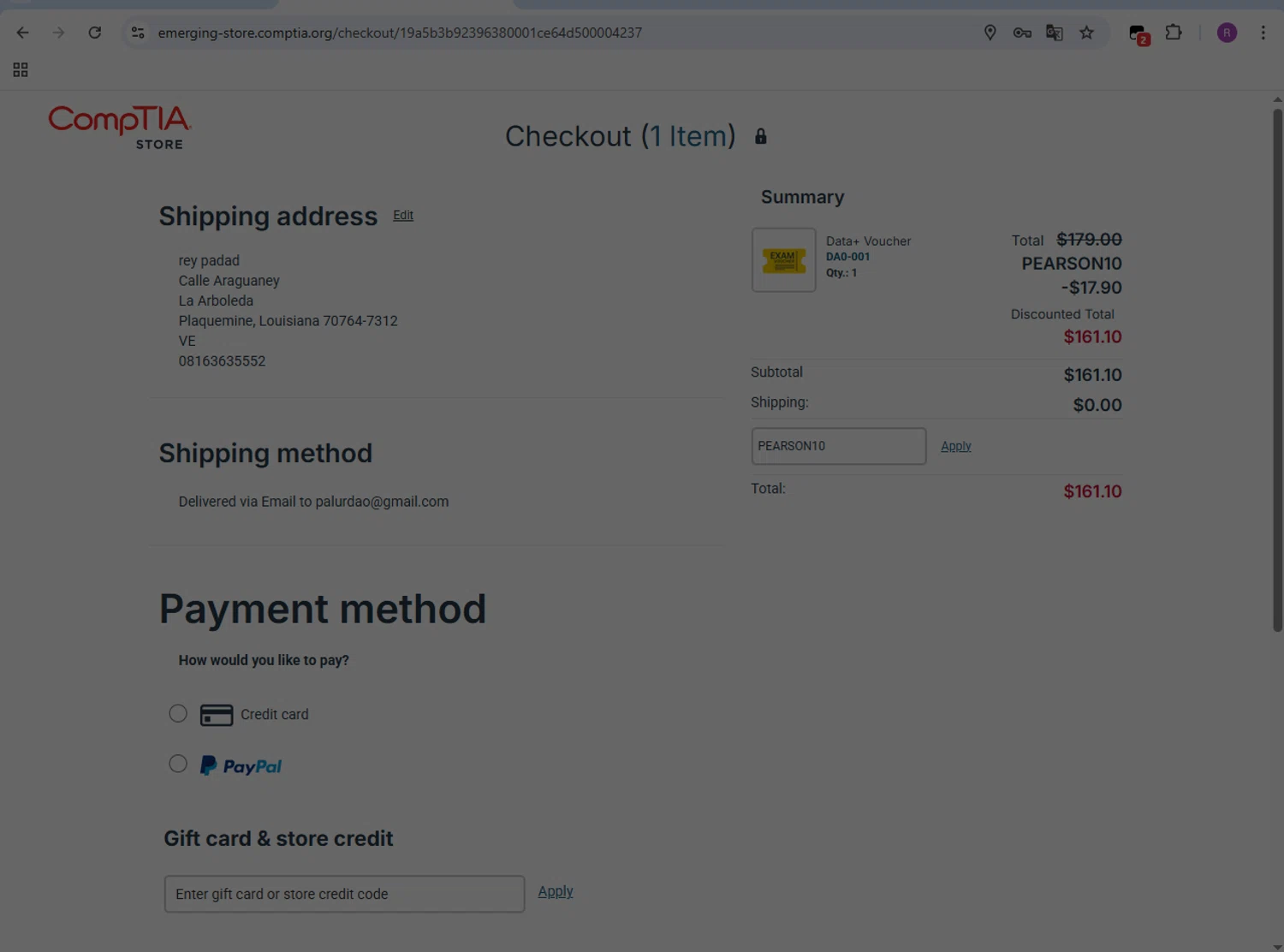 CompTIA promo code screenshot showing code PEARSON10 applied at CompTIA checkout page. Uploaded by SimplyCodes community member GloriousMaven6295 on Aug 20, 2025