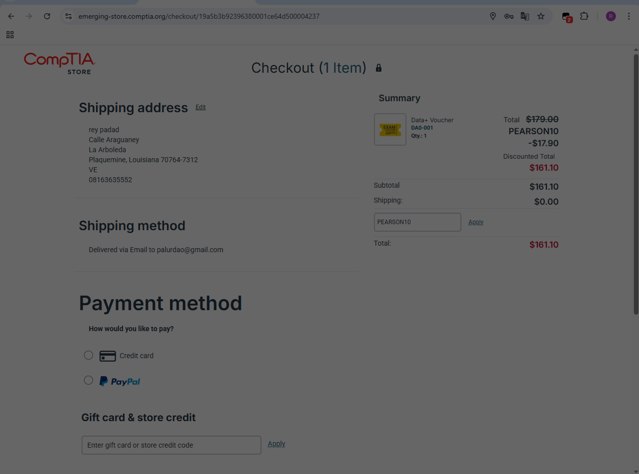CompTIA checkout page showing CompTIA promo code box | Screenshot taken by SimplyCodes community member on Aug 20, 2025