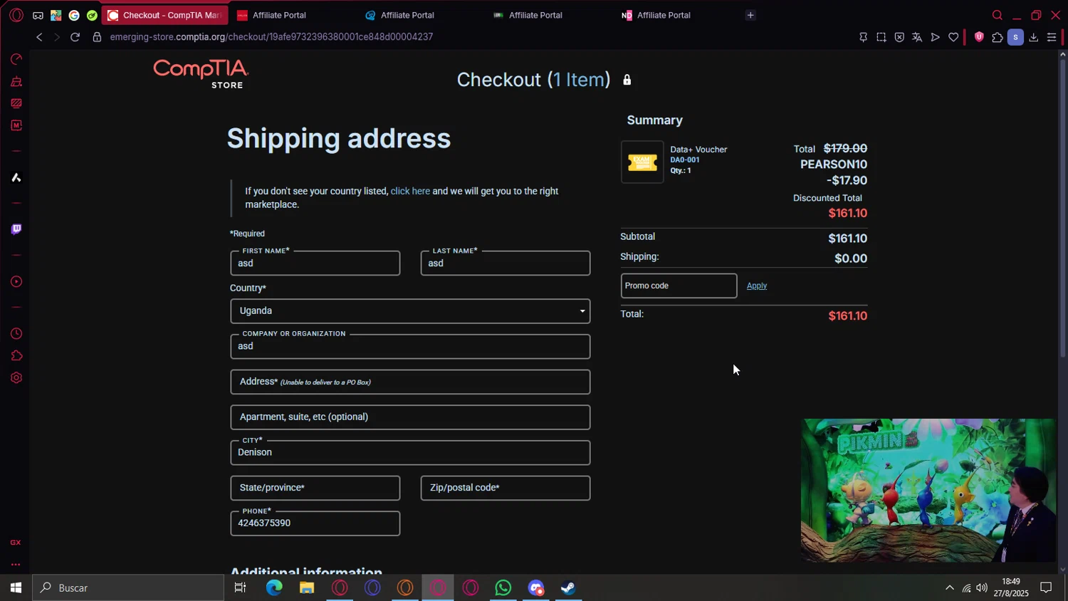 CompTIA promo code screenshot showing code PEARSON10 applied at CompTIA checkout page. Uploaded by SimplyCodes community member cajax_manda on Aug 27, 2025