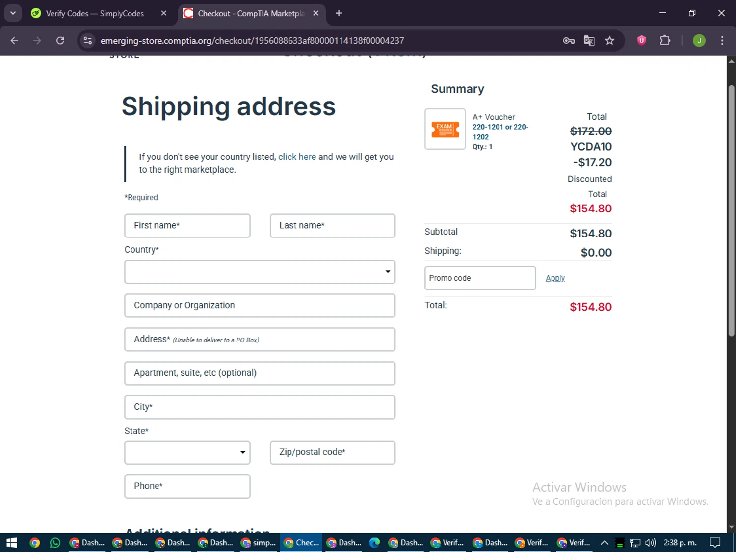 CompTIA promo code screenshot showing code YCDA10 applied at CompTIA checkout page. Uploaded by SimplyCodes community member LilBaby on Jun 20, 2025