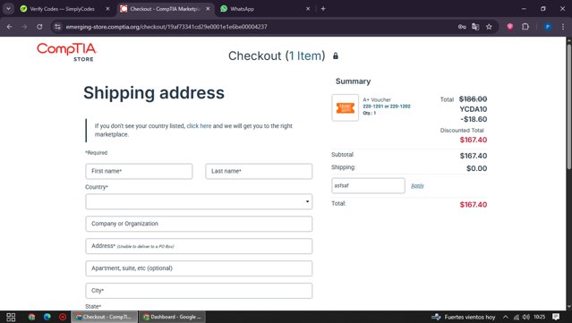 CompTIA checkout page showing CompTIA promo code box | Screenshot taken by SimplyCodes community member on Aug 27, 2025