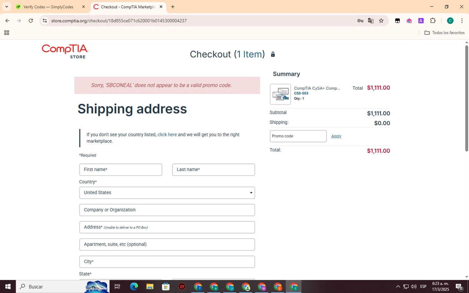 CompTIA promo code screenshot showing code SBCONEAL applied at CompTIA checkout page. Uploaded by SimplyCodes community member EpicSpotter3493 on Mar 17, 2025