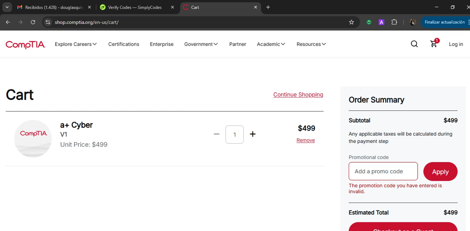 CompTIA promo code screenshot showing code SBCONEAL applied at CompTIA checkout page. Uploaded by SimplyCodes community member WiseLegend5590 on Jun 30, 2025