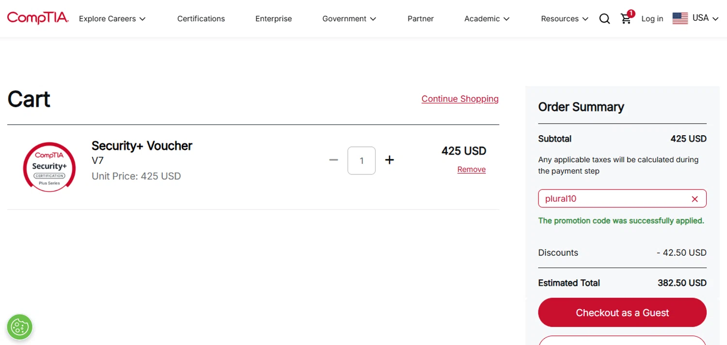 CompTIA promo code screenshot showing code PLURAL10 applied at CompTIA checkout page. Uploaded by SimplyCodes community member juanisaac on Feb 25, 2026