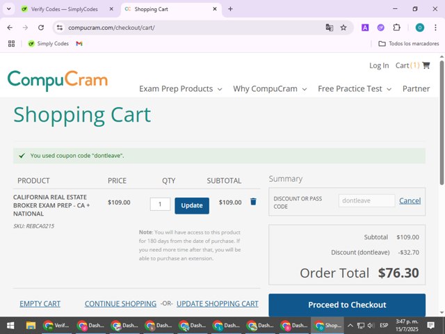CompuCram checkout page showing CompuCram discount code box | Screenshot taken by SimplyCodes community member on Jul 15, 2025