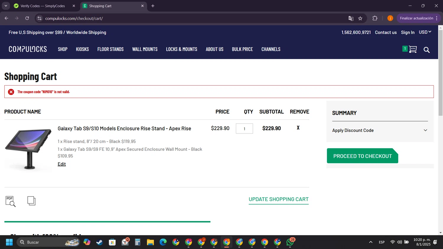 Compulocks promo code screenshot showing code NIMO10 applied at Compulocks checkout page. Uploaded by SimplyCodes community member SilverSentinel5952 on Jan 9, 2025