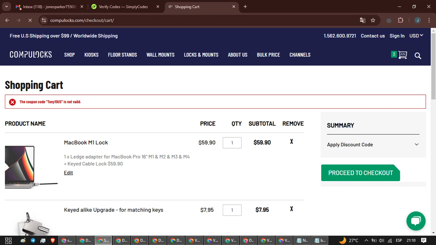 Compulocks promo code screenshot showing code Tony10US applied at Compulocks checkout page. Uploaded by SimplyCodes community member ScanLynx8928 on Jan 9, 2025