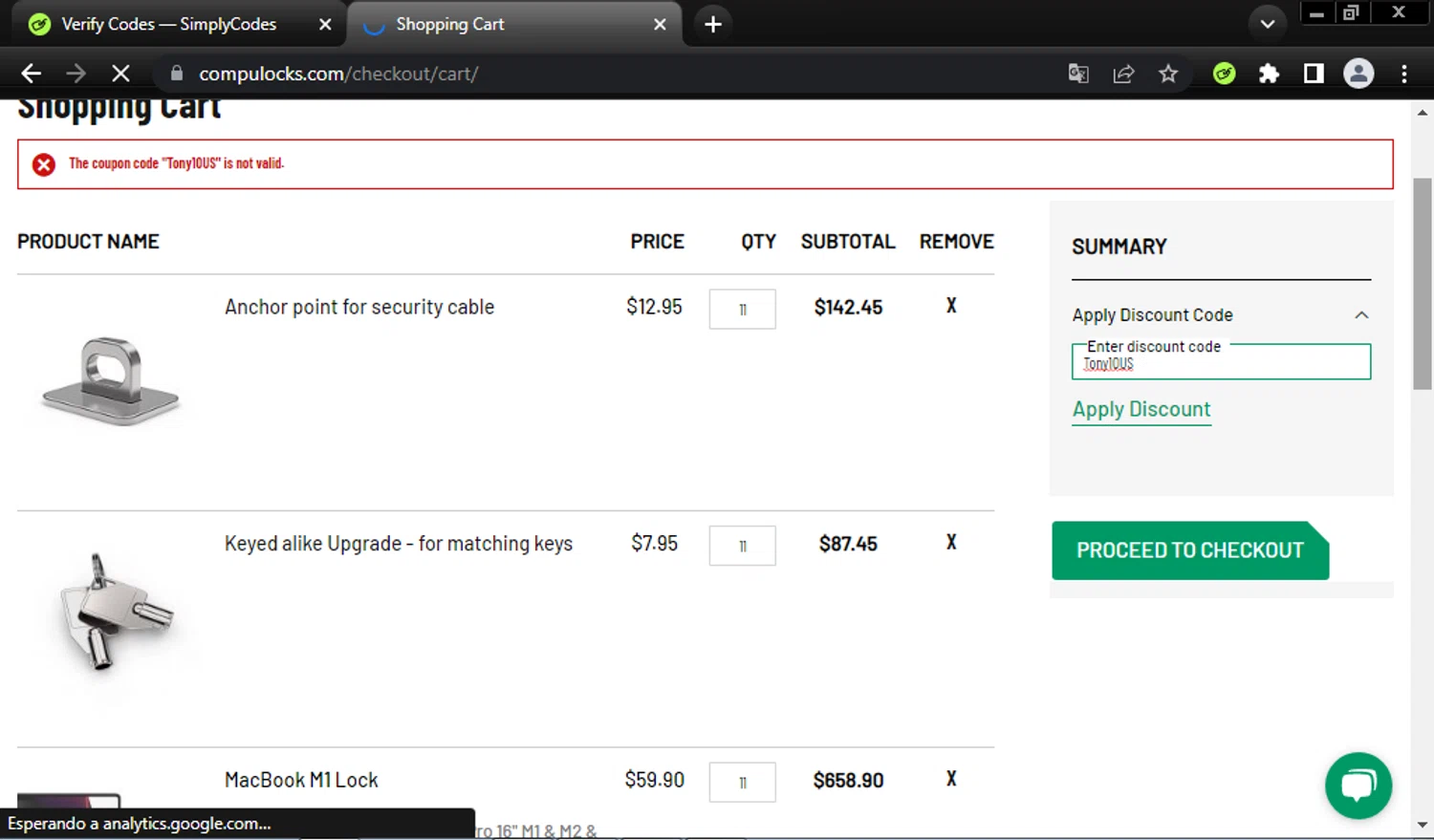 Compulocks promo code screenshot showing code Tony10US applied at Compulocks checkout page. Uploaded by SimplyCodes community member LegendaryScout1319 on Jan 9, 2025