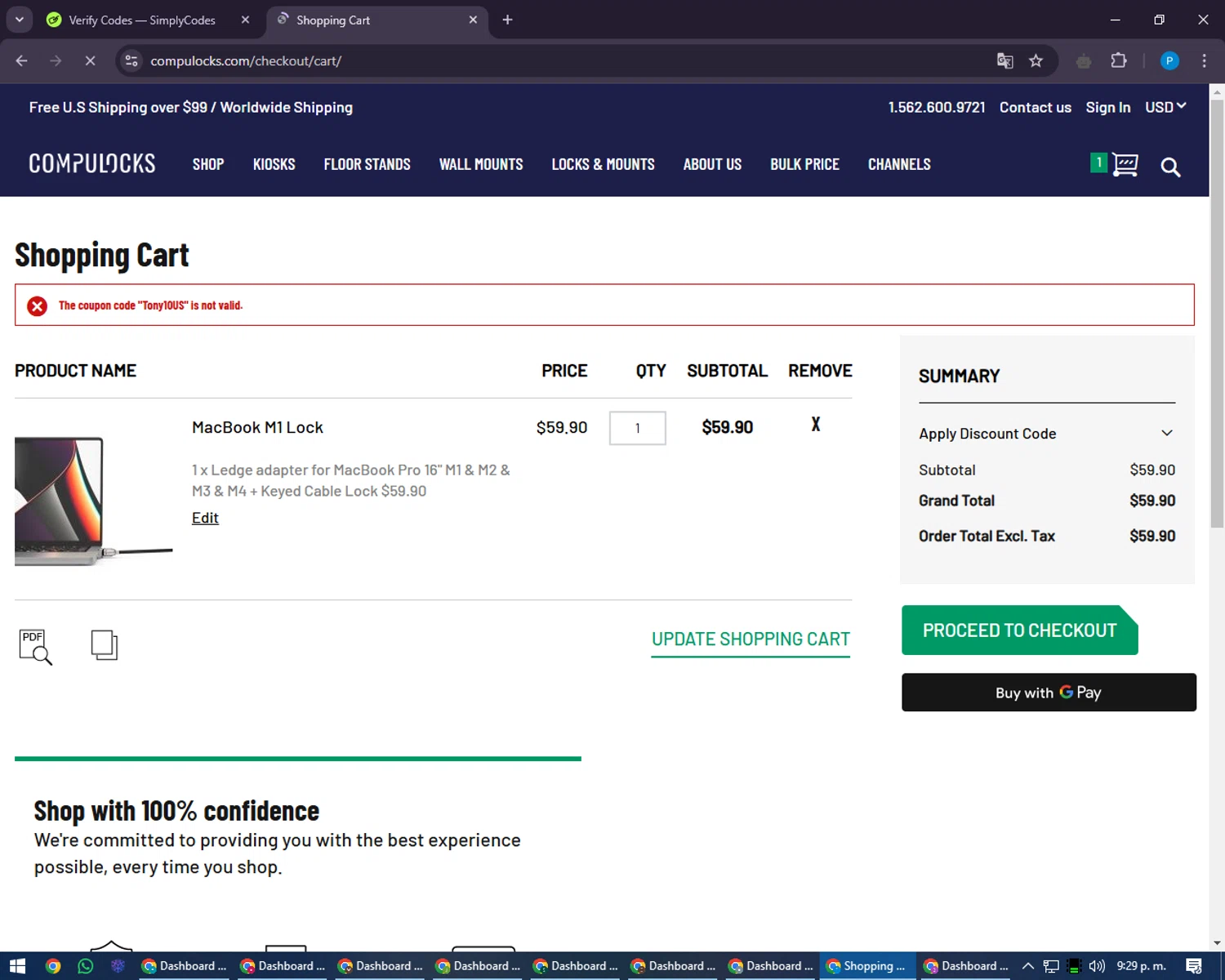 Compulocks promo code screenshot showing code Tony10US applied at Compulocks checkout page. Uploaded by SimplyCodes community member juiceWRLD on Jan 9, 2025
