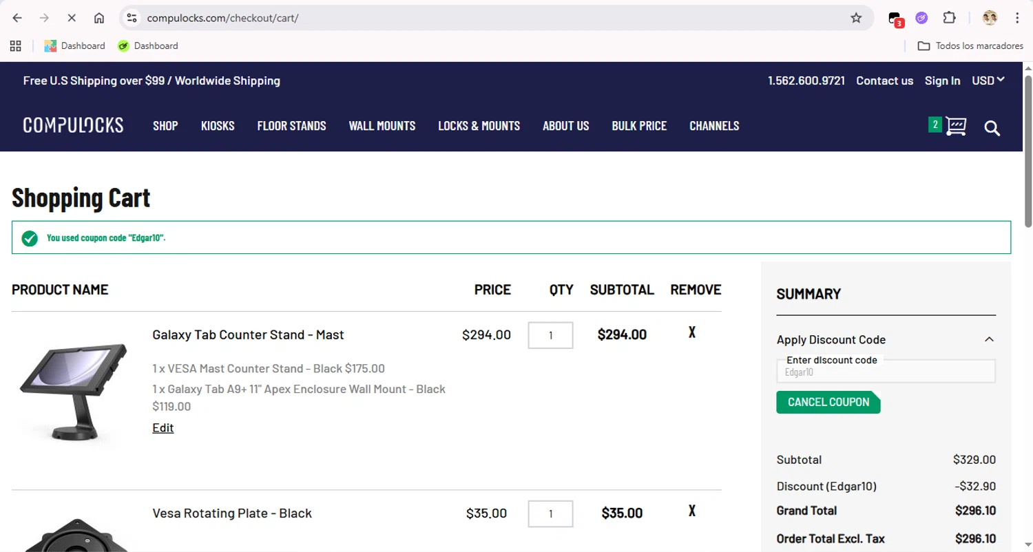 Compulocks promo code screenshot showing code Edgar10 applied at Compulocks checkout page. Uploaded by SimplyCodes community member LegendaryTitan9160 on Sep 4, 2025